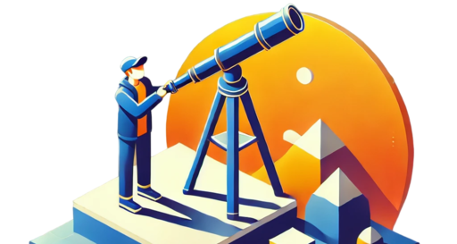 Image isométrique représentant un personnage avec un longue vue.