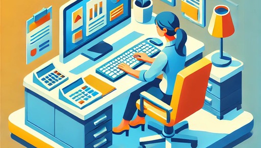 Image isométrique représentant une femme est assise à son bureau et travaille sur un ordinateur